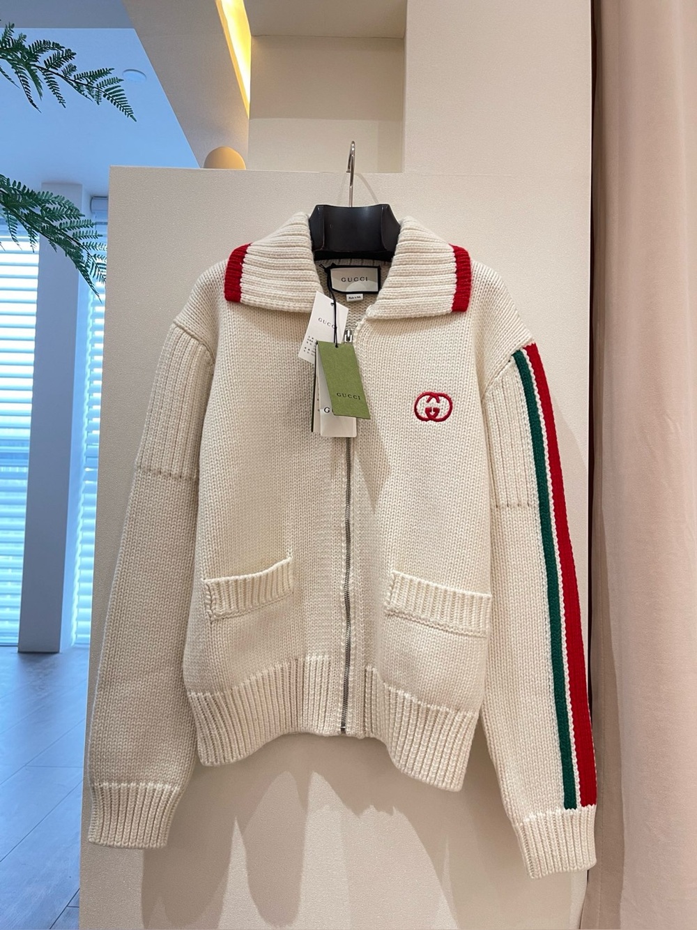 Gucci Off‑White Collared Zip‑Up Knit Jacket Red‑Green Web Stripe Interlocking GG